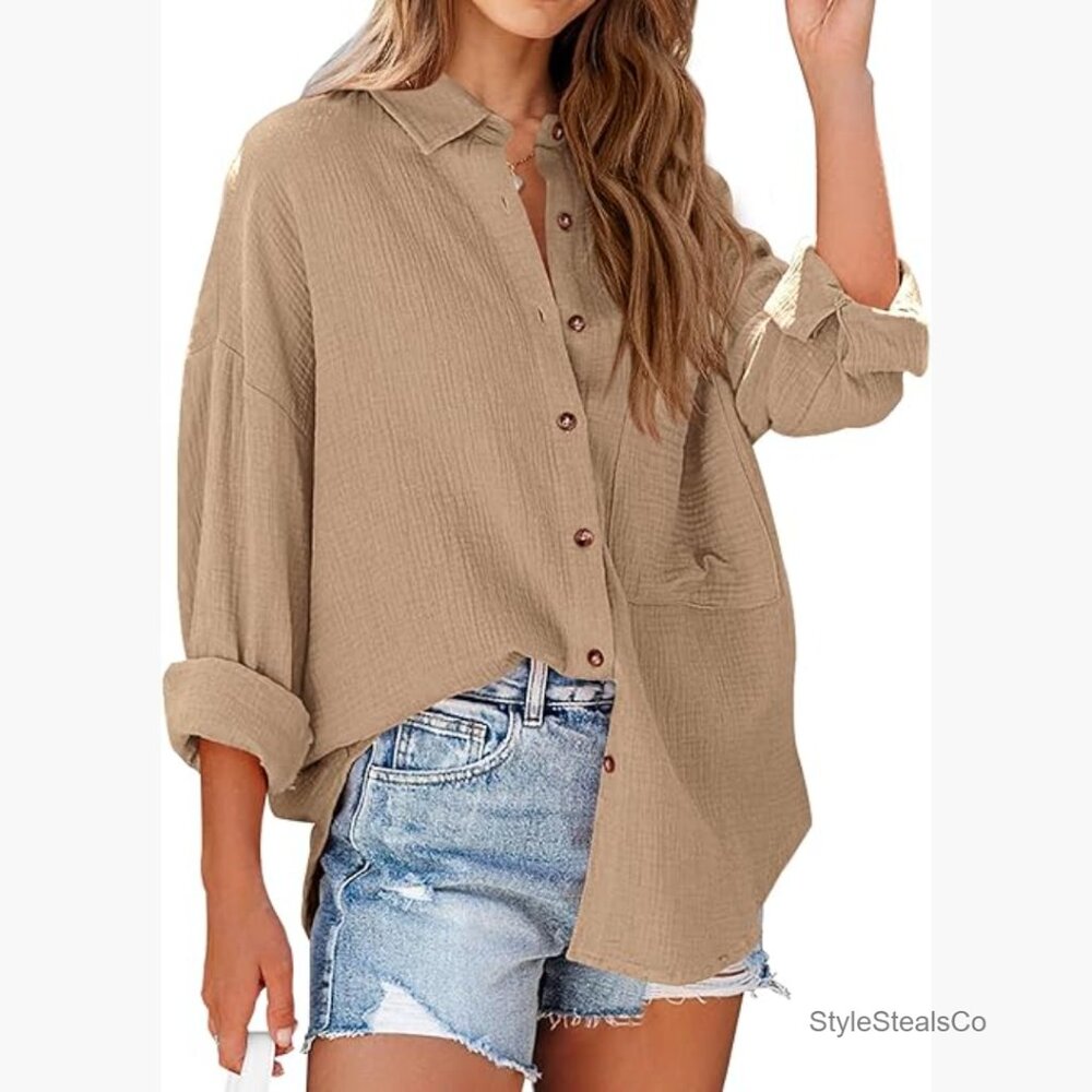 Long Sleeve Button Down Blouse with Pocket, Regular Fit, V-Neck